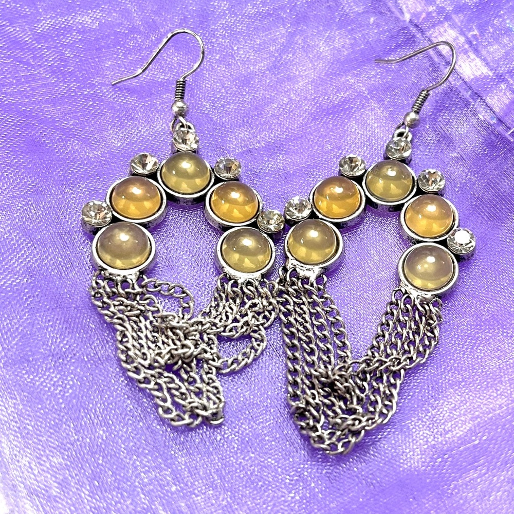 Pier 1 Silvertone Faux Gems Dangle Earrings Yellow Green Sets Chains Loop Drop